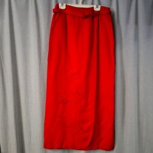 Vtg Linen Embroidered Beaded Red Maxi Wrap Skirt Size 4